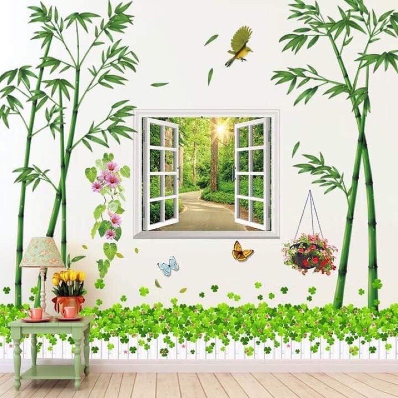 Decal dán tường cành trúc bên cửa sổ