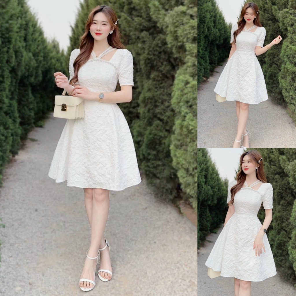 Váy đầm gấm đính cườm dây ren kiểu dáng xòe xinh xắn thanh lịch