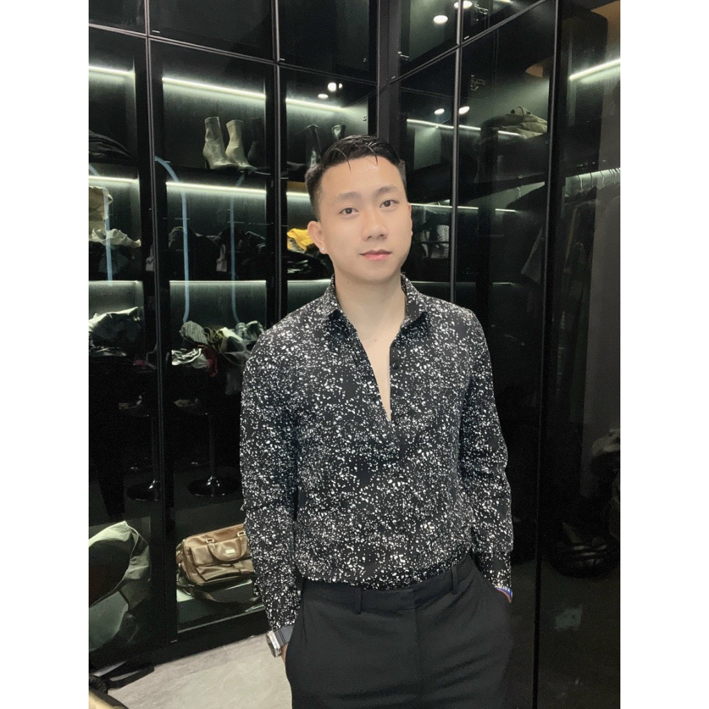 Áo sơ mi nam vải lụa dài tay chấm bi, kiểu dáng hàn quốc