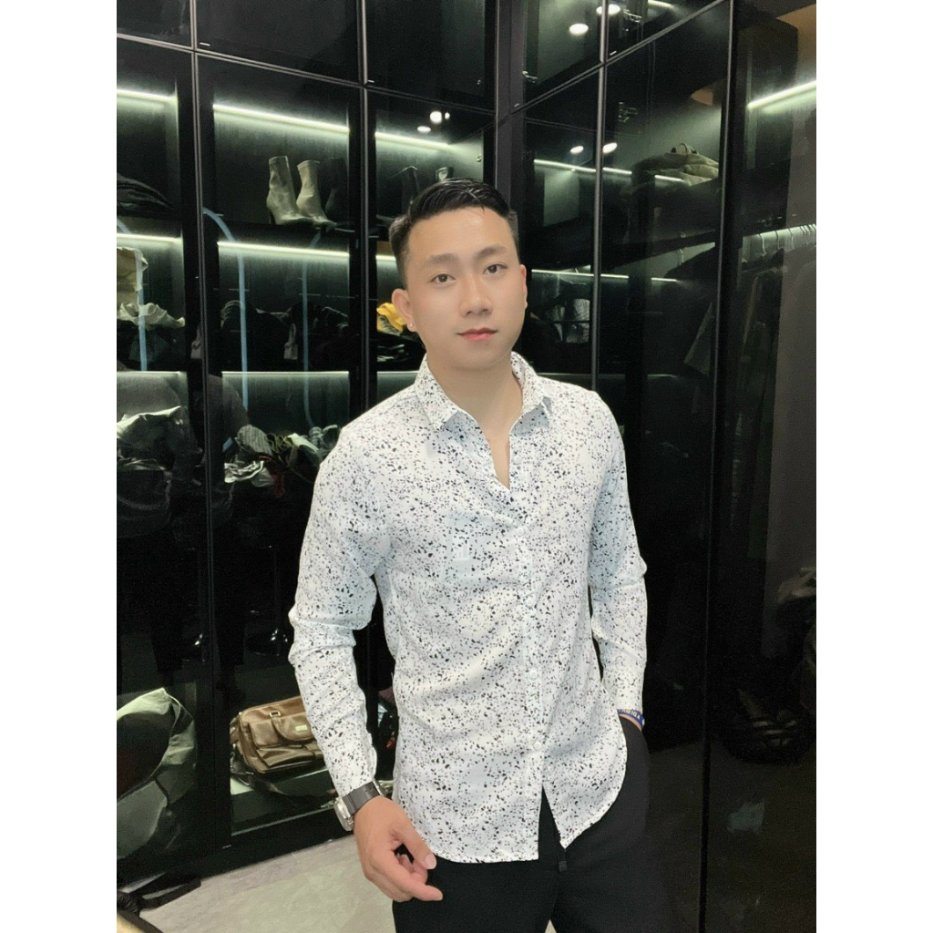 Áo sơ mi nam vải lụa dài tay chấm bi, kiểu dáng hàn quốc