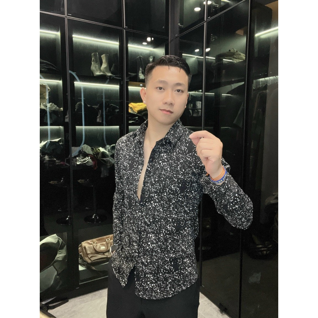 Áo sơ mi nam vải lụa dài tay chấm bi, kiểu dáng hàn quốc