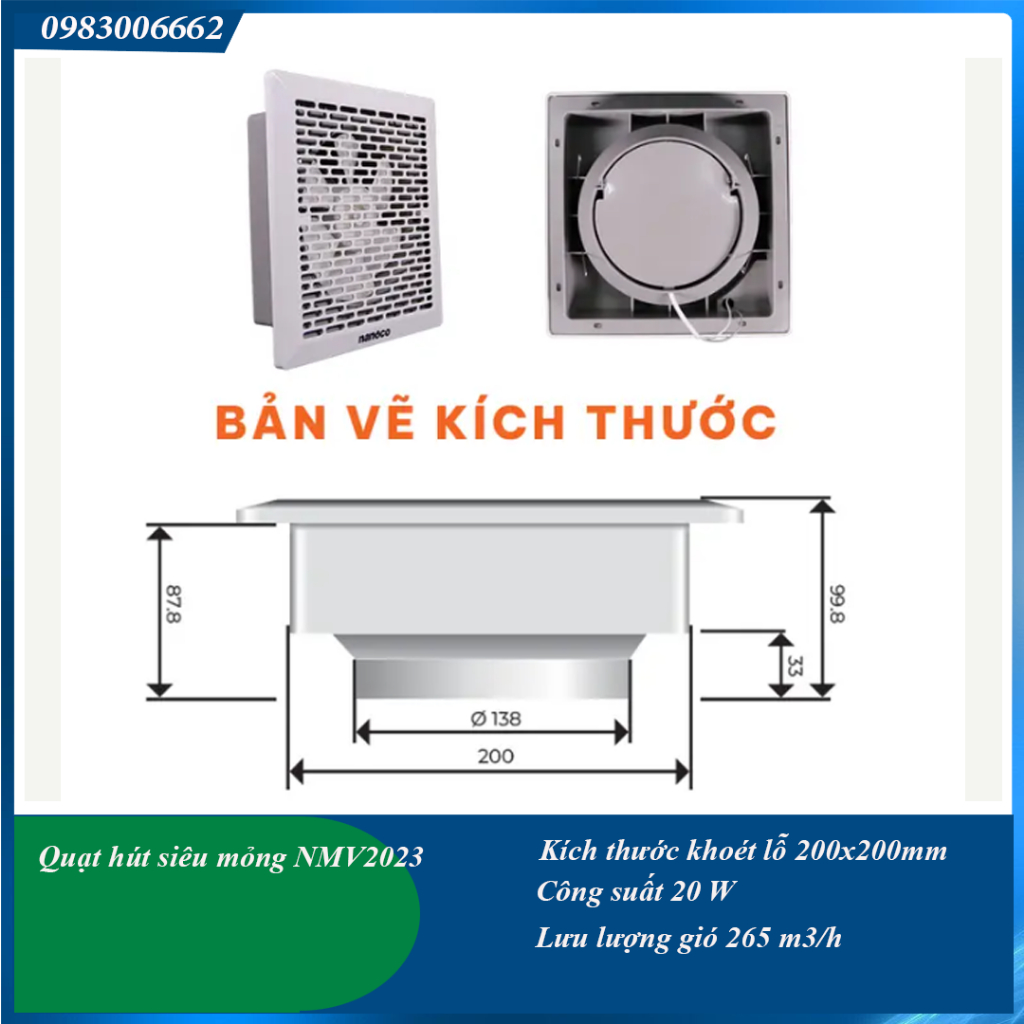 Quạt hút âm tường siêu mỏng nanoco NMV2023 lỗ khoét 20x20cm