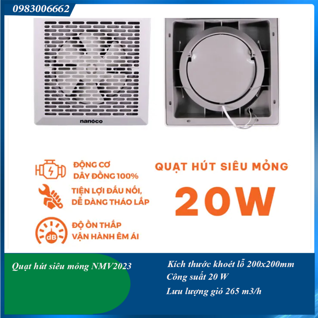 Quạt hút âm tường siêu mỏng nanoco NMV2023 lỗ khoét 20x20cm
