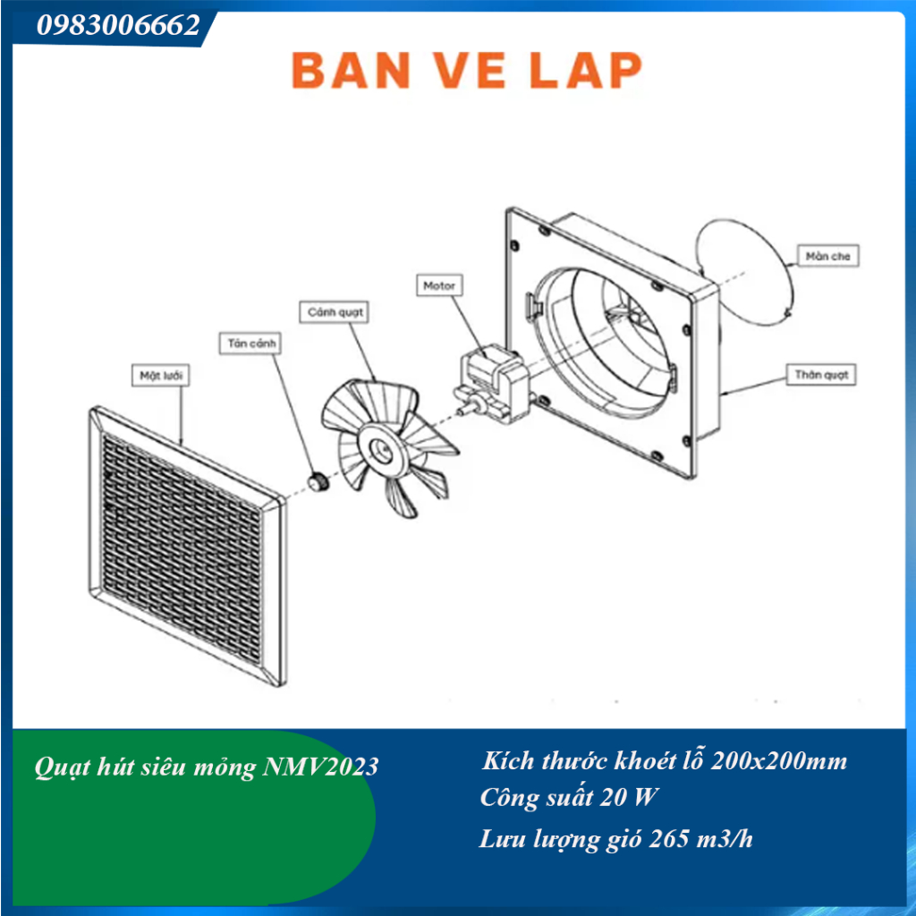 Quạt hút âm tường siêu mỏng nanoco NMV2023 lỗ khoét 20x20cm