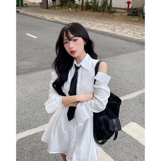 🖤VÁY SƠ MI THIẾT KẾ KHOÉT VAI KÈM CÀ VẠT