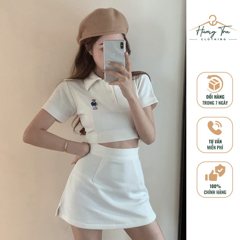 Set đồ nữ tập gym thể thao mùa hè, set áo polo phối chân váy mặc đi chơi thời trang thêu gấu ngực Hương Trà Clothing
