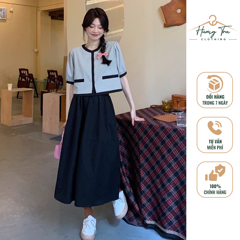 Set váy dài tiểu thư pastel 2 chi tiết áo cộc phối chân váy xòe cao cấp Hương Trà Clothing