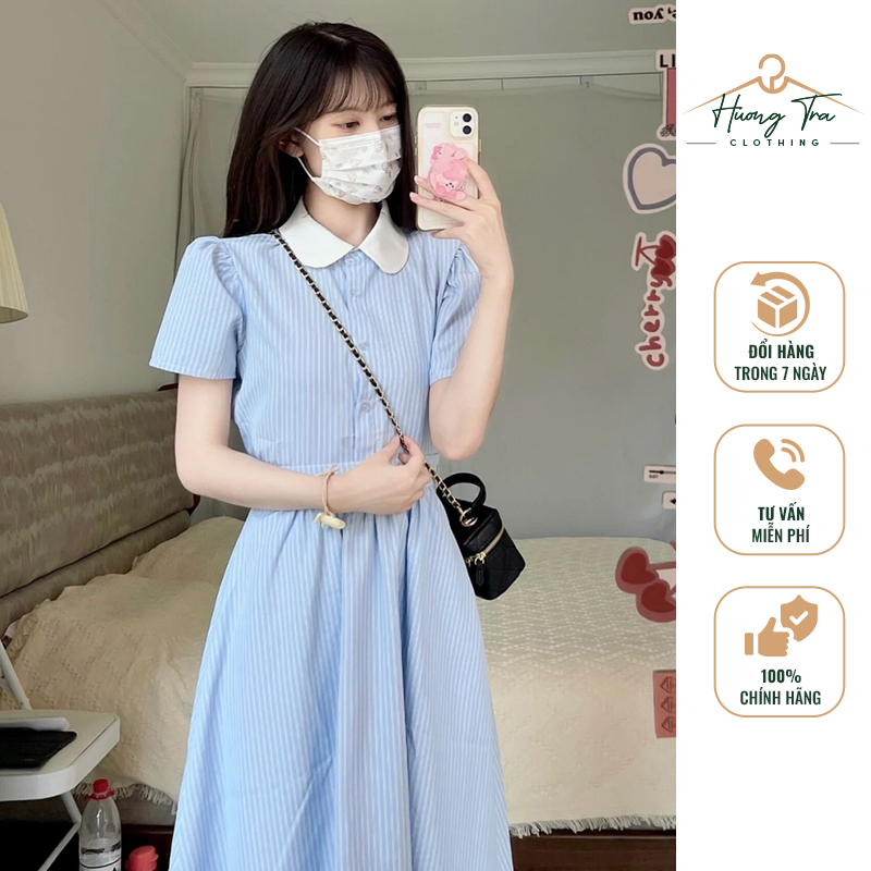 Set đồ nữ công sở áo sơ mi cộc tay dáng ngắn phối chân váy dài tiểu thư cao cấp cổ phối trắng điệu đà Hương Trà Clothing