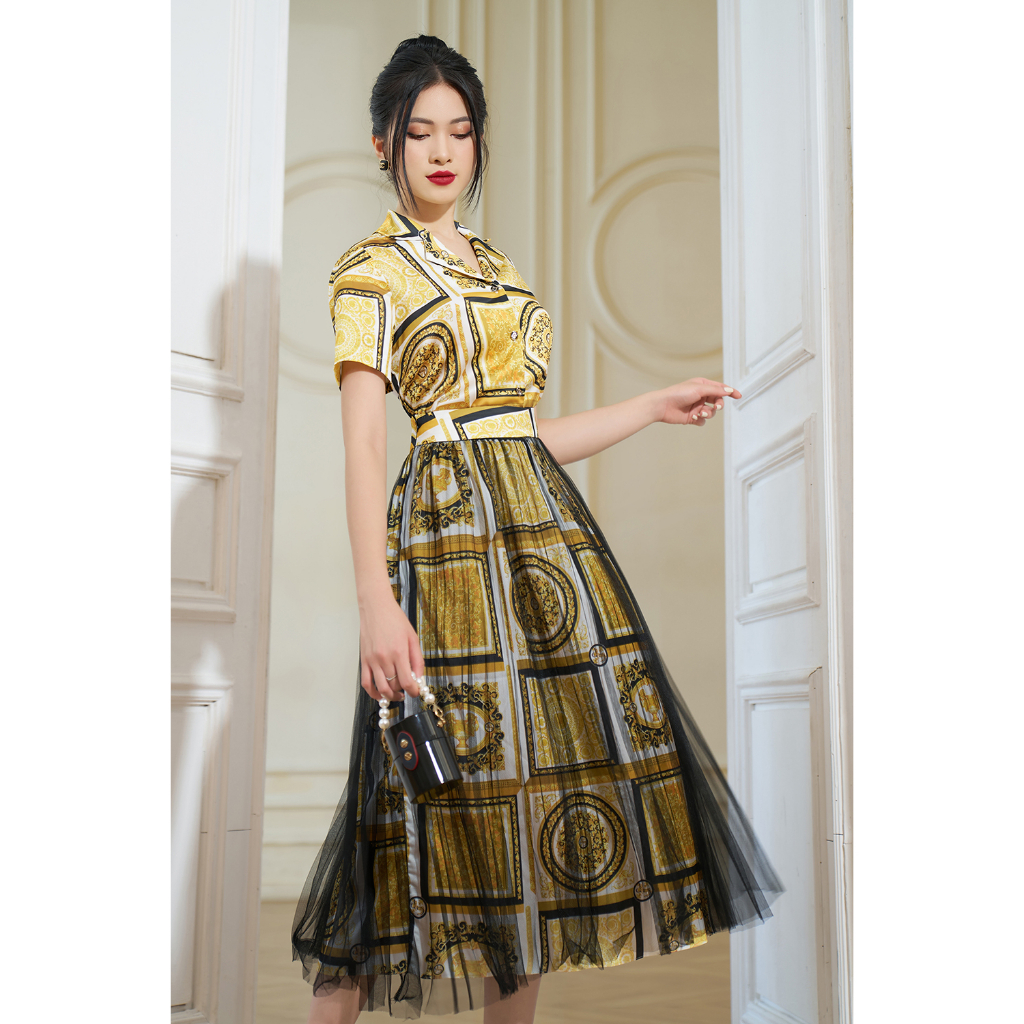 Áo sơ mi lụa in họa tiết vàng đen ngắn tay 3AO003 GREEN PLAN