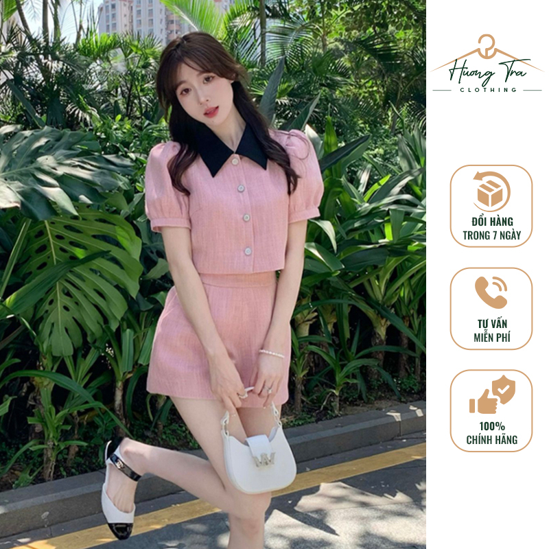 Set áo quần dự tiệc sang chảnh, Set đồ nữ áo croptop tay bông bo chun phối quần short đùi thời trang Hương Trà Clothing