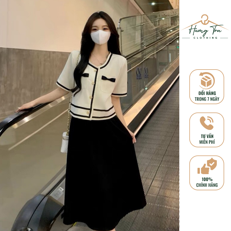 Set áo dạ phối chân váy ngắn thời trang, Set đồ nữ dự tiệc cao cấp áo croptop phốichân váy xếply Hương Trà Clothing