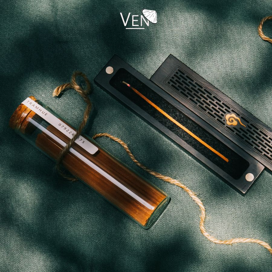 Combo Nhang trầm không tăm (11cm) ống t huỷ tinh + Khay đốt Gỗ Mun - Thưởng hương trầm tự nhiên, thanh tịnh, trầm ấm