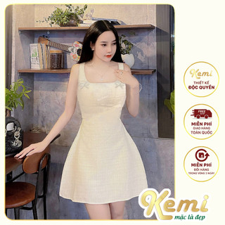 Váy Dạ tweed cổ vuông sát nách tặng kèm 2 tag nơ ngọc, đầm dáng xòe tiểu thư Kemi