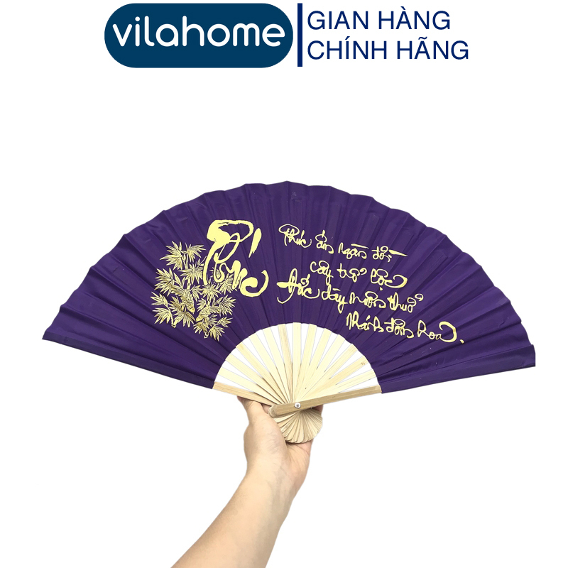 Quạt Vải Lụa Thư Pháp VilaHome, Quạt Tre Vải Xếp Chữ Thư Pháp Truyền Thống - Du Lịch Việt Nam Bền Đẹp Cầm Tay Quạt Mát