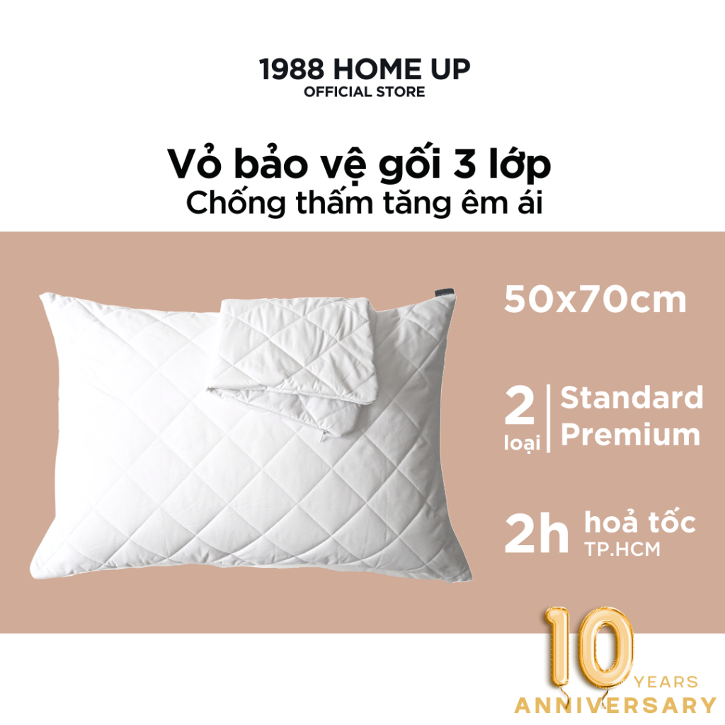 Vỏ bảo vệ ruột gối 3 lớp chống thấm, êm ái 50x70 cm cao cấp - 1988 Home Up, ngăn mùi, ngăn gối ố vàng