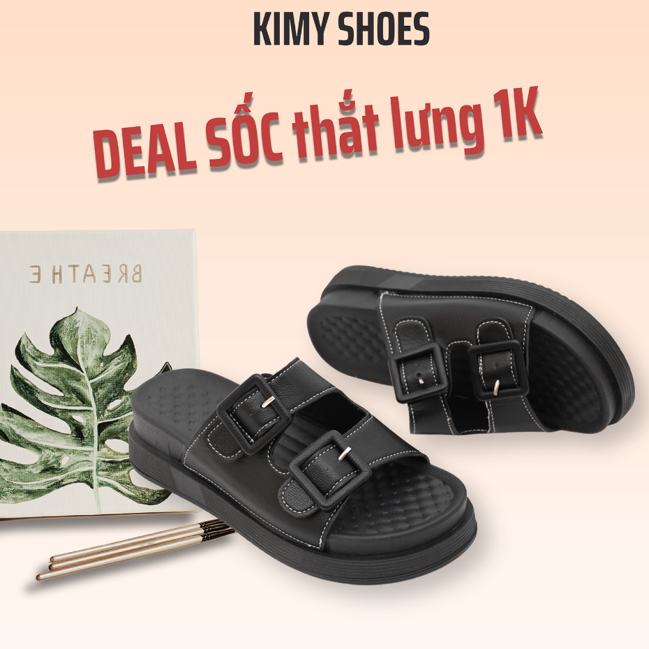 Dép nữ đế cao Kimy Shoes, dép nữ da đi chơi đến bằng hai quai ngang kèm phụ kiện khuy hình vuông hàng VNXK