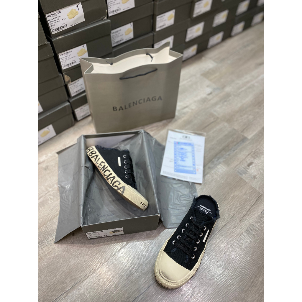 Giày thế thao đạp gót BALENCIAGA đen canvas họa tiết chữ đế cao cấp, Sục BALENCIAGA màu đen có chữ đế