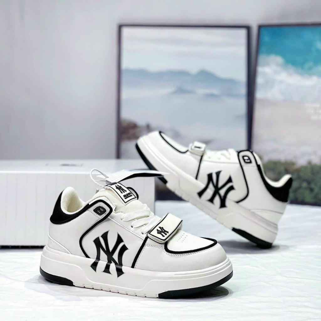 Giày mlb chunky dán họa tiết chữ LA liner ofwhite NY kẻ đen cao cấp, giày ML B chunky NY xám hot trend 2023