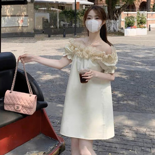 Váy dự tiệc trễ vai dáng chữ A phối nhún ngực mặc đi ăn cưới, đi chơi tông màu vintage Deliz ChouChou