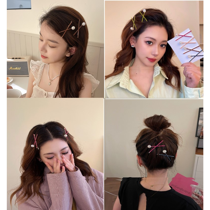 (Mới 2023) Set 2 kẹp chữ X sắc màu phối hạt trai lấp lánh sang trọng kẹp mái giữ tóc con Tatitava