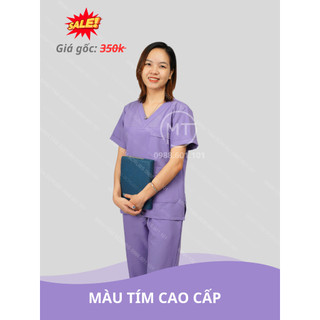 Bộ Scrubs bác sĩ, blouse cổ tim, đồng phục điều dưỡng, spa, thẩm mỹ viện, dược sĩ màu tím