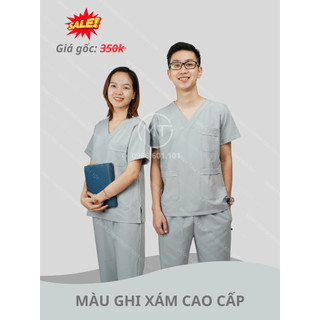 Bộ Scrubs bác sĩ, blouse cổ tim, đồng phục điều dưỡng, spa, thẩm mỹ viện, dược sĩ màu xanh xám đá