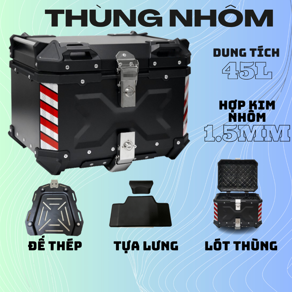 Thùng Nhôm phukienADV 45L/55L, TOP BOX 45L/55L, thùng sau xe máy, dày dặn, chắc chắn, chống nước, phù hợp nhiều baga
