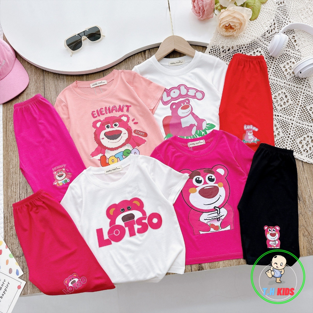 Đồ bộ cộc tay Minkymom gấu dâu Lotso thun lạnh cho bé gái bé trai Bảo anh Kids set bộ lửng quần áo trẻ em sang chảnh