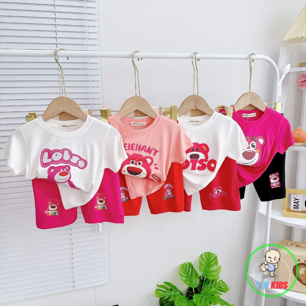 Đồ bộ cộc tay Minkymom gấu dâu Lotso thun lạnh cho bé gái bé trai Bảo anh Kids set bộ lửng quần áo trẻ em sang chảnh