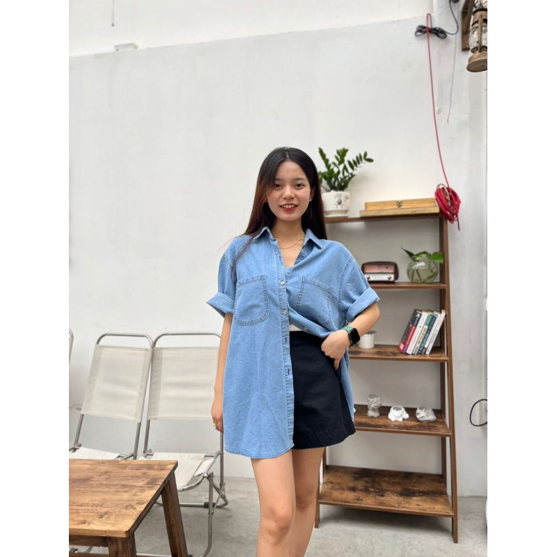 Áo sơ mi jean denim cộc tay ZiniStore