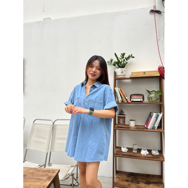 Áo sơ mi jean denim cộc tay ZiniStore