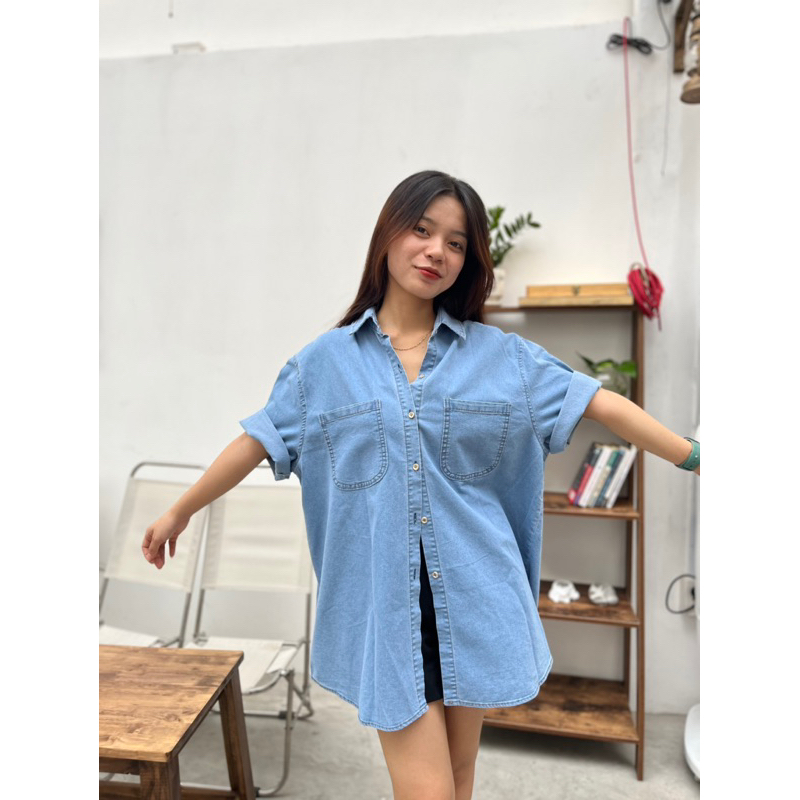 Áo sơ mi jean denim cộc tay ZiniStore