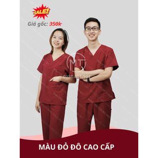 Bộ Scrubs bác sĩ, blouse cổ tim, đồng phục điều dưỡng, spa, thẩm mỹ viện, dược sĩ màu đỏ đô