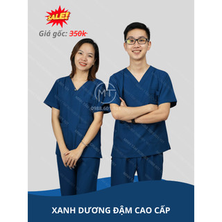 Bộ Scrubs bác sĩ, blouse cổ tim, đồng phục điều dưỡng, spa, thẩm mỹ viện, dược sĩ màu xanh sẫm
