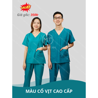 Bộ Scrubs bác sĩ, blouse cổ tim, đồng phục điều dưỡng, spa, thẩm mỹ viện, dược sĩ màu xanh cổ vịt