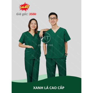Bộ Scrubs bác sĩ, blouse cổ tim, đồng phục điều dưỡng, spa, thẩm mỹ viện, dược sĩ màu xanh lá