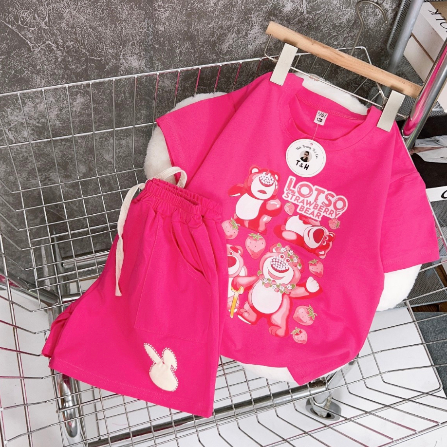 Đồ bộ bé gái - Bộ cotton bé gái gấu Lotso - Quần áo mùa hè size đại từ 25 đến 42 kg - SUN KID'S