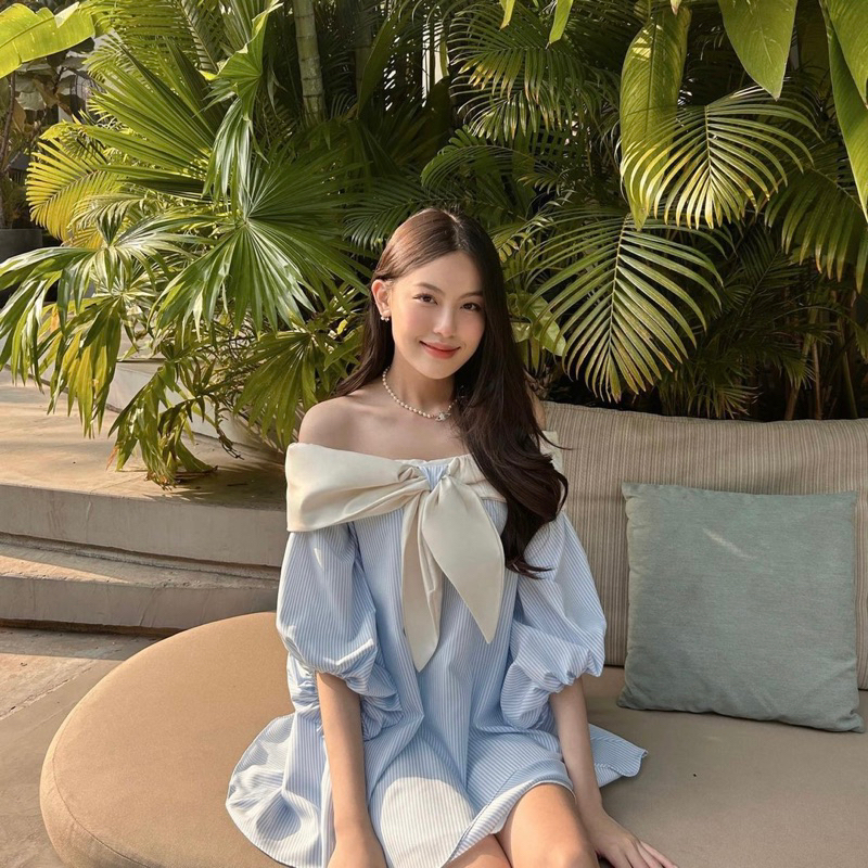 Áo trễ vai nơ xoắn cao cấp Simbabo - ẢNH THẬT