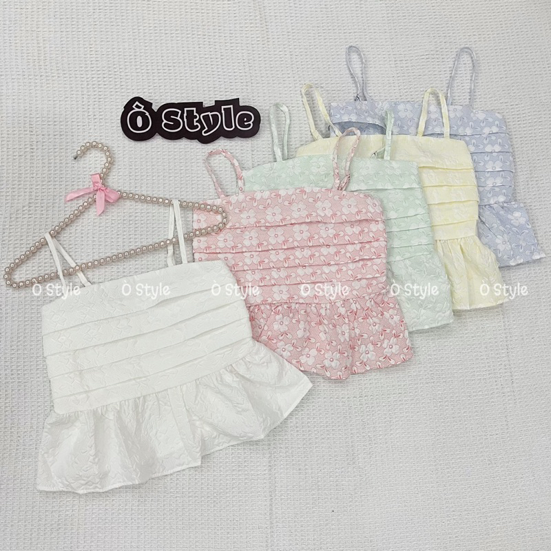 Áo xốp hai dây xếp li hoa nổi tiểu thư