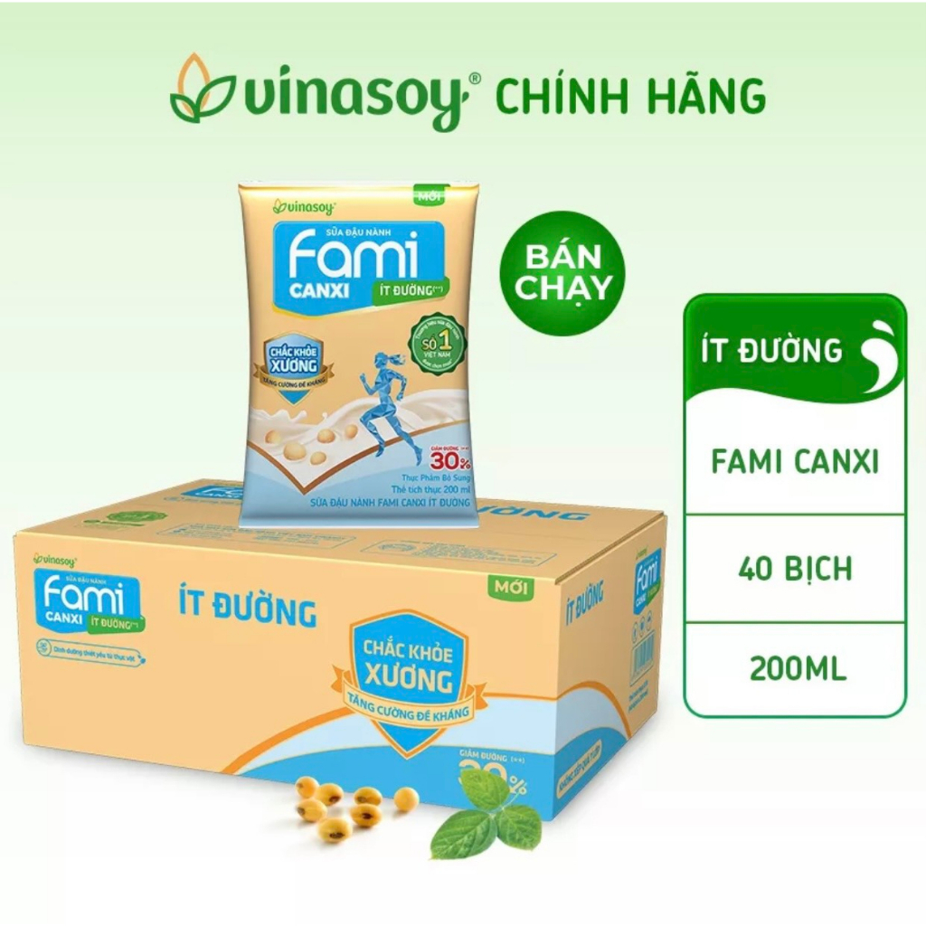 Thùng sữa đậu nành Fami Canxi ít đường (40 bịch x 200ml) ( Date Mới Nhất )