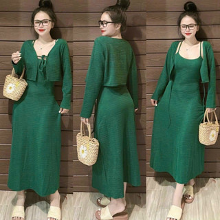 Đầm nữ maxi hai dây dáng suông chất xốp nhật y mẫu kèm áo khoác tay dài thắt dây nơ siêu xinh