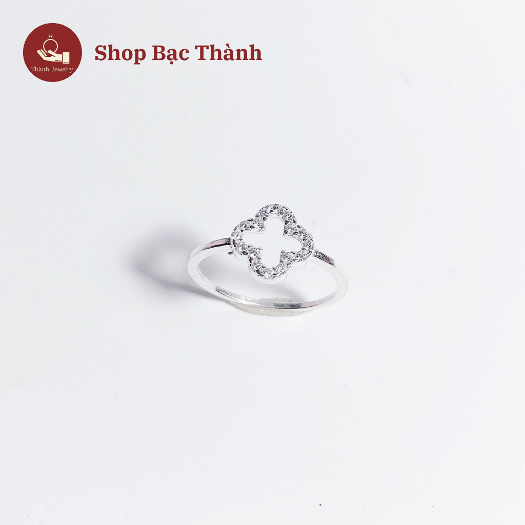 Nhẫn nữ bạc ta mặt cỏ 4 lá rỗng viền đá nhỏ xinh ( Ảnh Thật, Có Bảo Hành Làm Sáng )