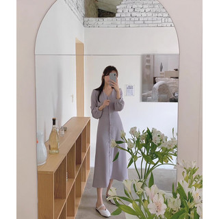 Đầm xám dáng dài cổ V thắt eo