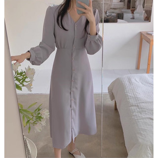 Đầm xám dáng dài cổ V thắt eo