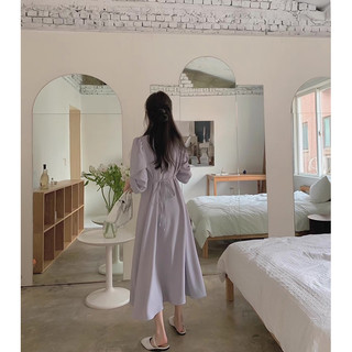 Đầm xám dáng dài cổ V thắt eo