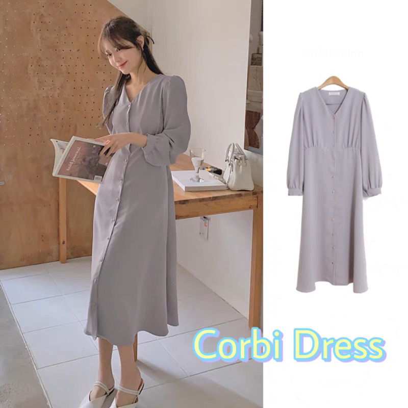 Đầm xám dáng dài cổ V thắt eo