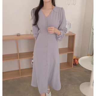 Đầm xám dáng dài cổ V thắt eo