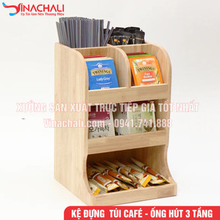 Kệ để ống hút, túi cafe, túi trà sữa, đồ pha chế 3 tầng nhiều ngăn trong quán cafe, quán trà sữa - gỗ tự nhiên - kts12