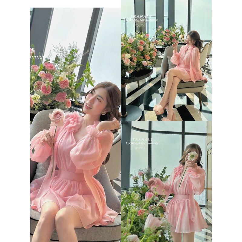 SÉT ÁO + QUẦN ĐÙI RỘNG CHẤT VOAN 2 LỚP CỔ V TAY PHỒNG DÀI TIỂU THƯ SANG CHẢNH MÀU HỒNG ĐÍNH HOA LAZE VAI