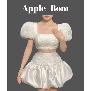 Set áo croptop tay phồng + chân váy bí chất liệu hoa hồng nổi cao cấp 415